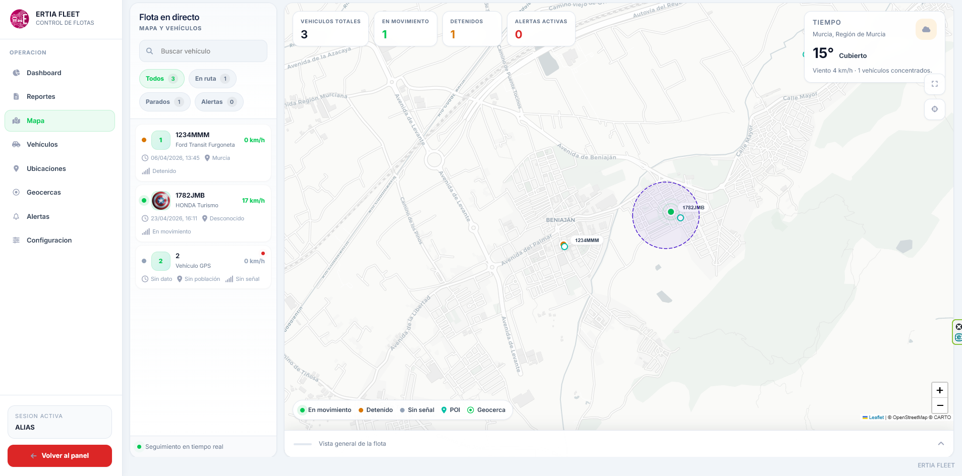 Control de flotas y vehículos comerciales de ERTIA FLEET con mapa en directo, listado de vehículos, geocerca y alertas